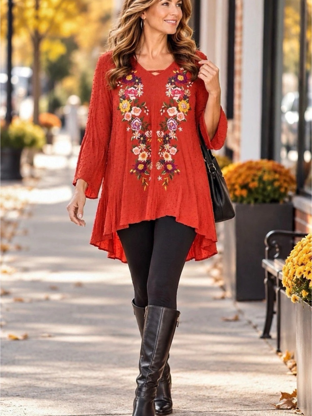 Umgee Floral Embroidered Tunic in Red Size XL